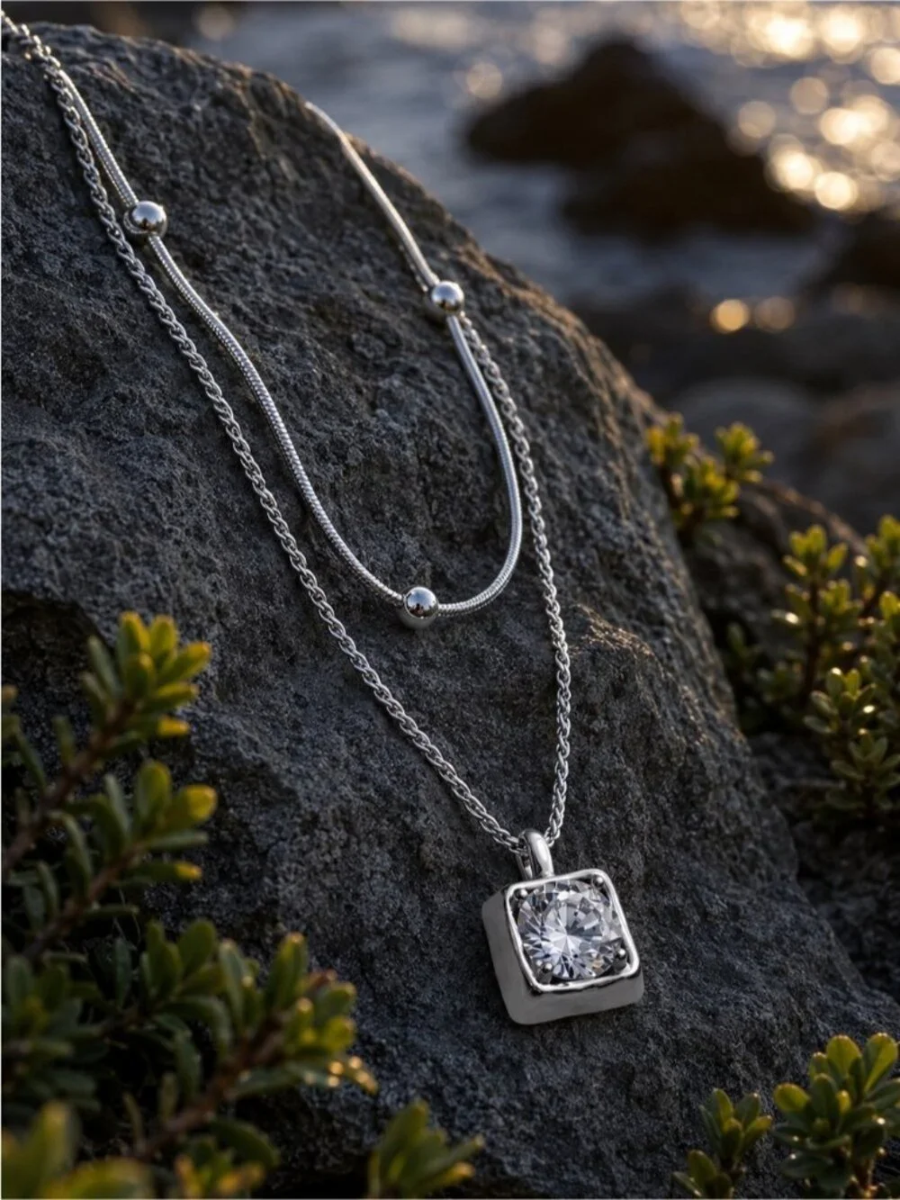Silver tone Layered Necklace with Clear Crystal Pendant
